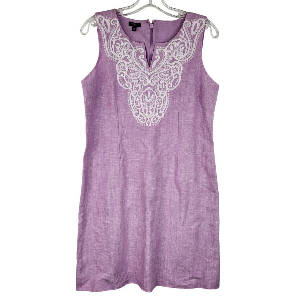 Talbots Lilac Sleeveless Dress Embroidered Linen Blend Size 8P Preppy Coastal